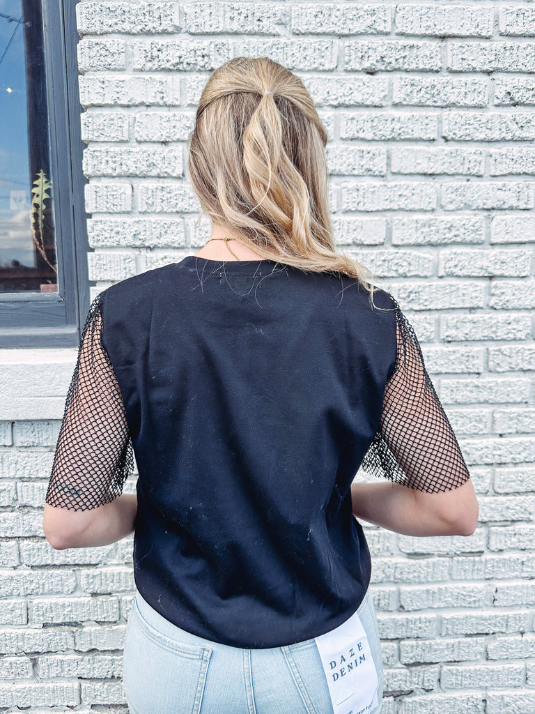 Eccentrics Boutique Tops Joy to the World Black Tee With Sparkle Mesh Sleeves