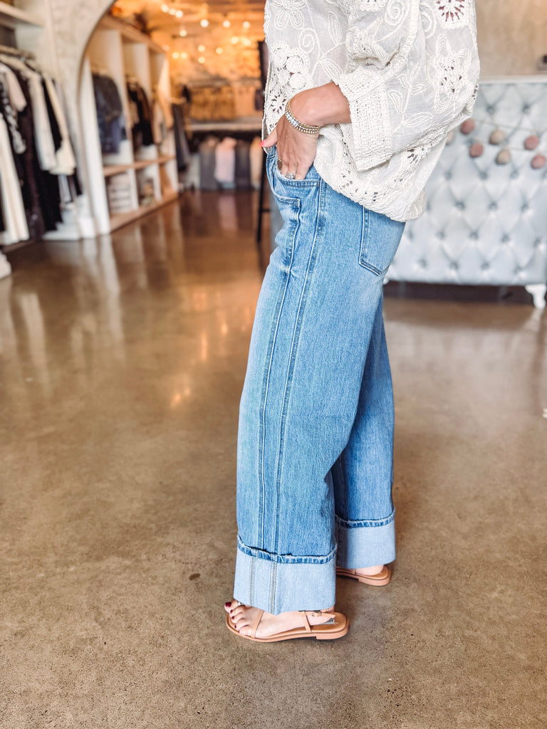 Eccentrics Boutique Denim Kris Super High Rise Cuffed Baggy Wide Leg Denim-- Medium Dark Wash