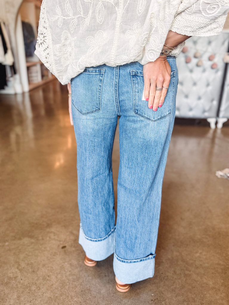 Eccentrics Boutique Denim Kris Super High Rise Cuffed Baggy Wide Leg Denim-- Medium Dark Wash