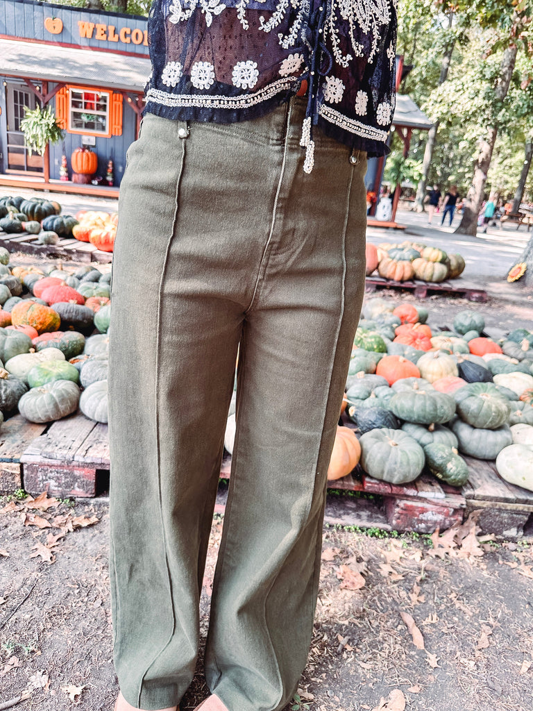 Eccentrics Boutique Pants Lainey High Rise Seamed Pants--Olive