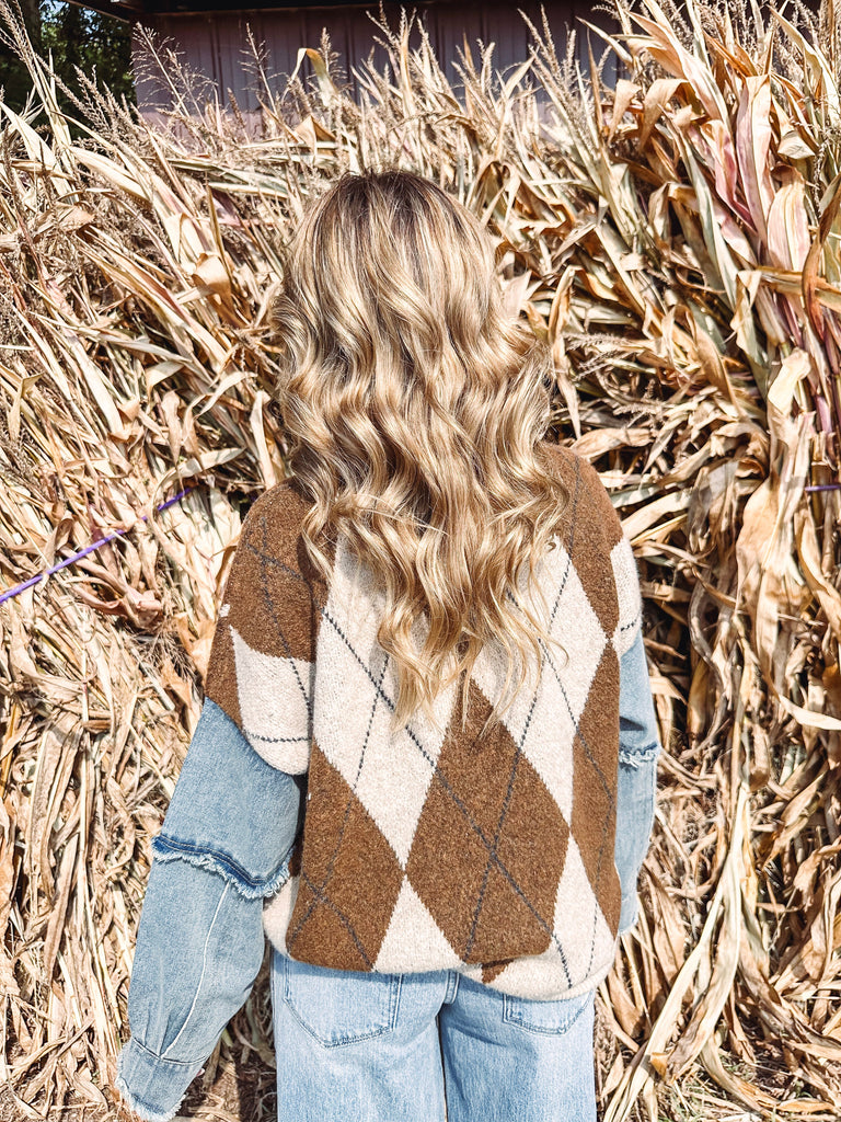 Eccentrics Boutique Sweater Liel Argyle Denim Sleeve Sweater--Brown