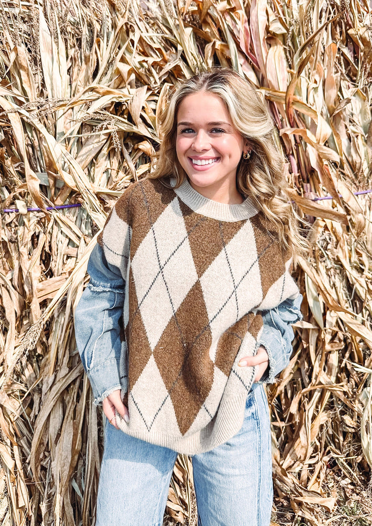 Eccentrics Boutique Sweater Liel Argyle Denim Sleeve Sweater--Brown