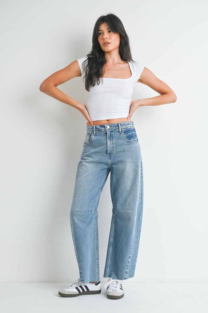 Eccentrics Boutique Denim Light Wash Barrel Jeans with Seams
