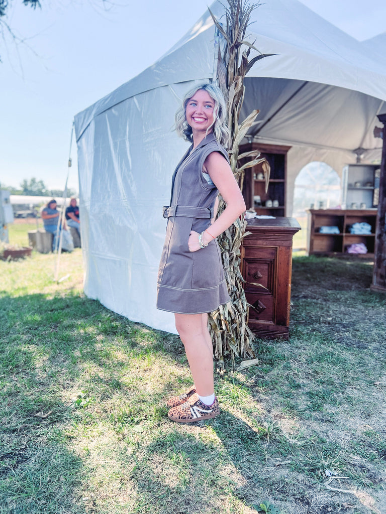 Eccentrics Boutique Dress Livie Solid Belted Mini with Contrast Stitching--Chocolate