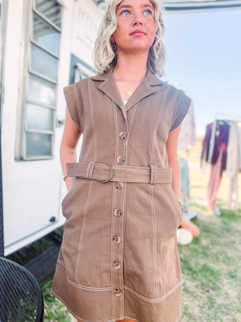 Eccentrics Boutique Dress Livie Solid Belted Mini with Contrast Stitching--Chocolate