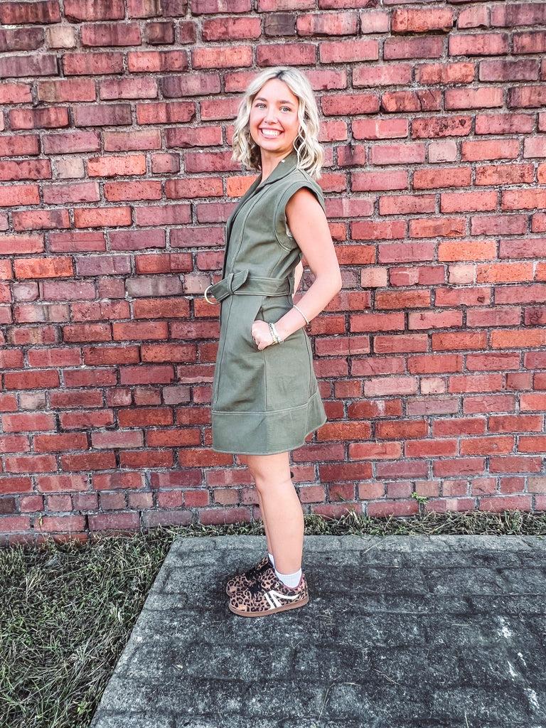 Eccentrics Boutique Dress Livie Solid Belted Mini with Contrast Stitching--Olive