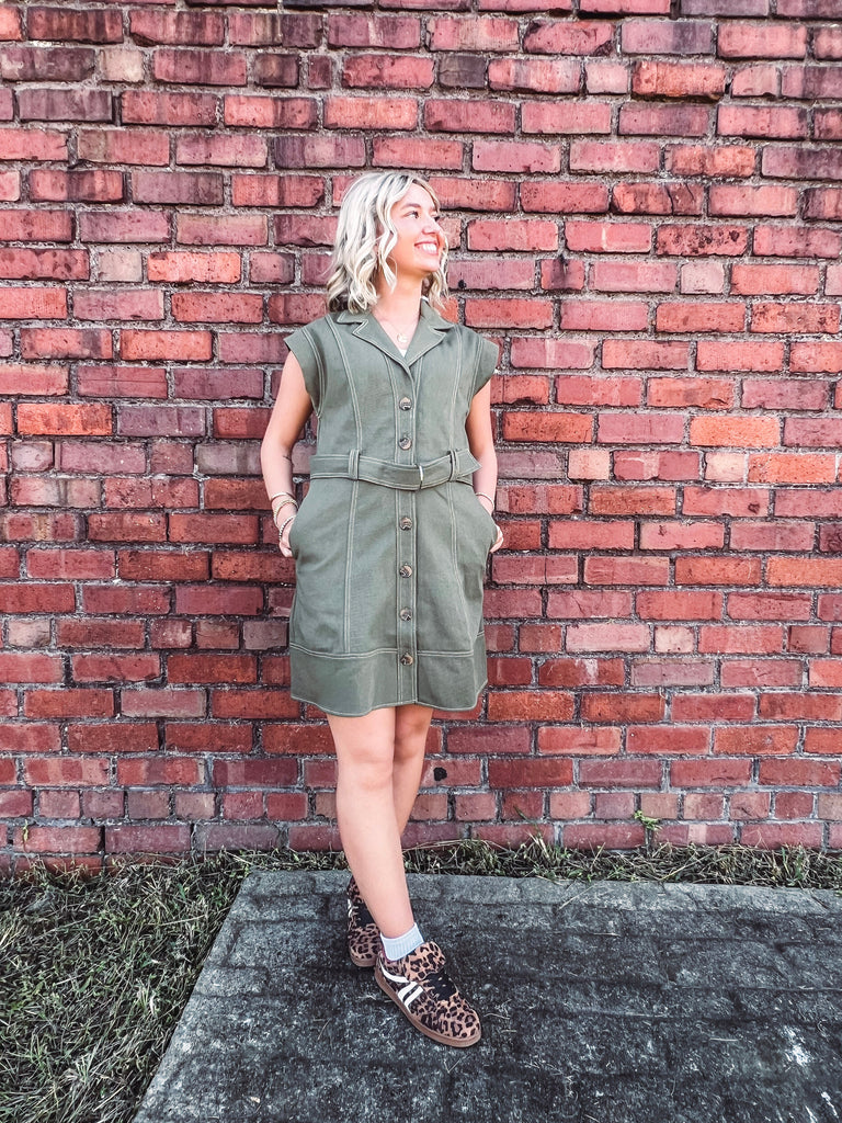 Eccentrics Boutique Dress Livie Solid Belted Mini with Contrast Stitching--Olive