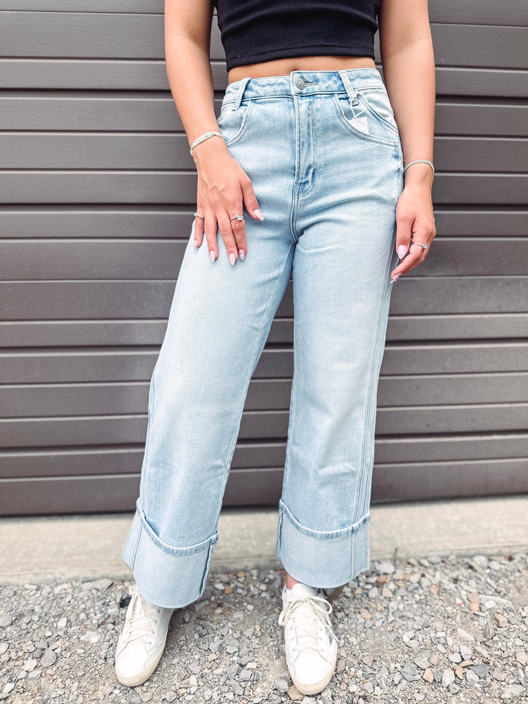 Eccentrics Boutique Denim Madison Super High Rise Cuffed Wide Leg Denim-- Light Wash