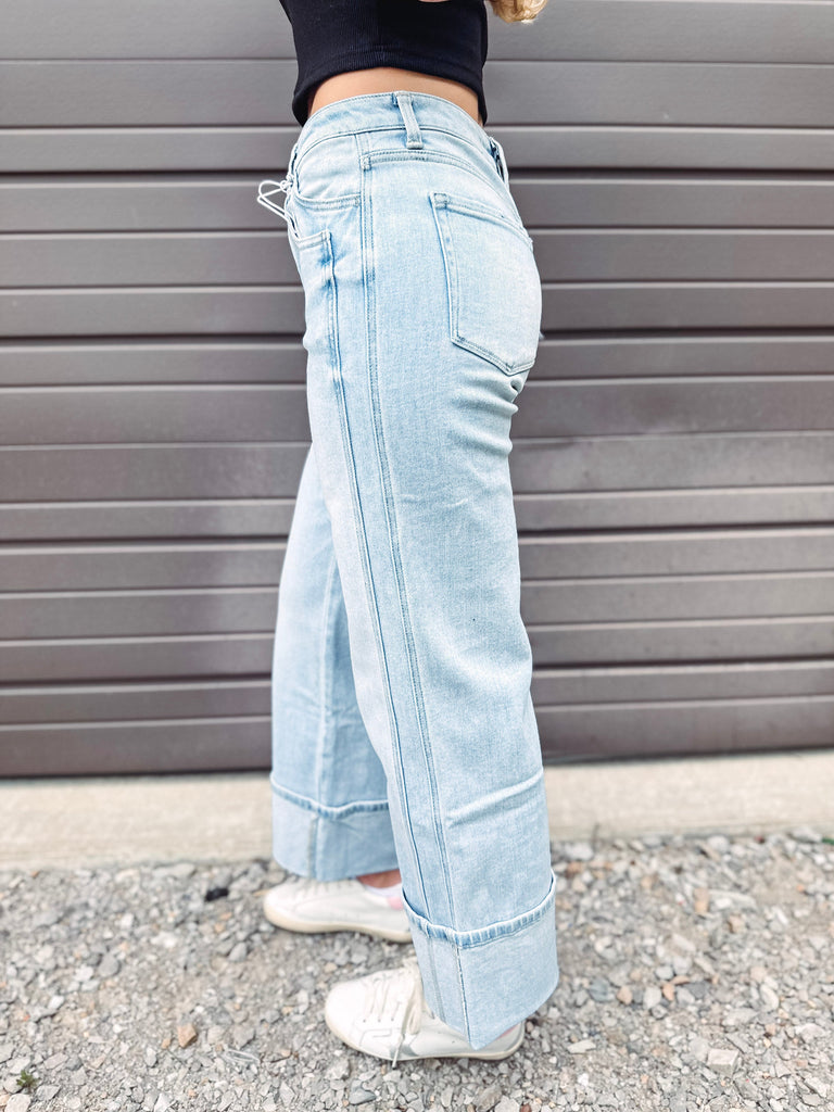 Eccentrics Boutique Denim Madison Super High Rise Cuffed Wide Leg Denim-- Light Wash