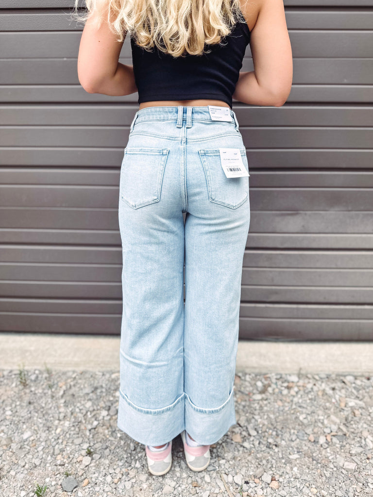 Eccentrics Boutique Denim Madison Super High Rise Cuffed Wide Leg Denim-- Light Wash