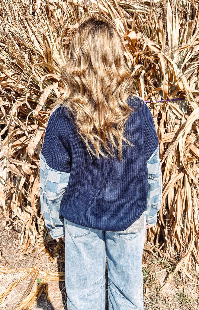 Eccentrics Boutique Sweater Neve Checkered Denim Knit Sweater