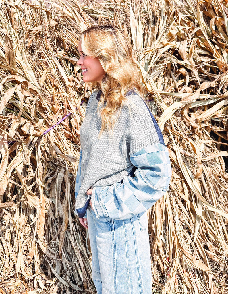 Eccentrics Boutique Sweater Neve Checkered Denim Knit Sweater