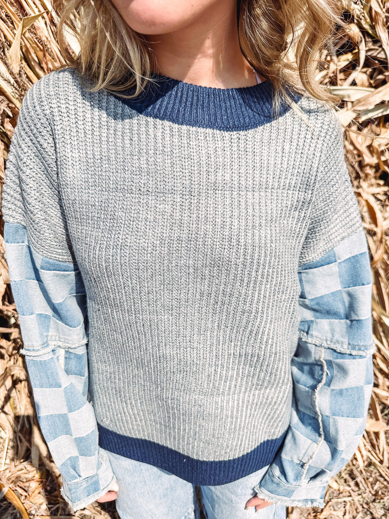 Eccentrics Boutique Sweater Neve Checkered Denim Knit Sweater