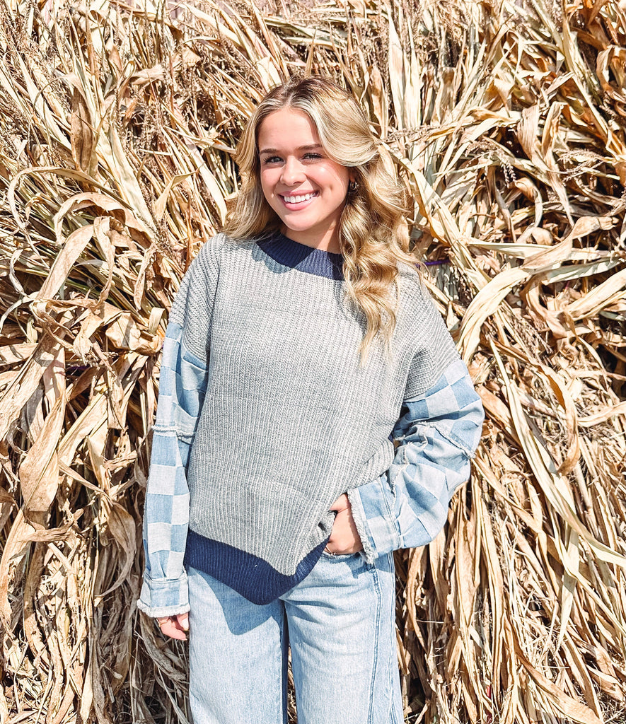 Eccentrics Boutique Sweater Neve Checkered Denim Knit Sweater