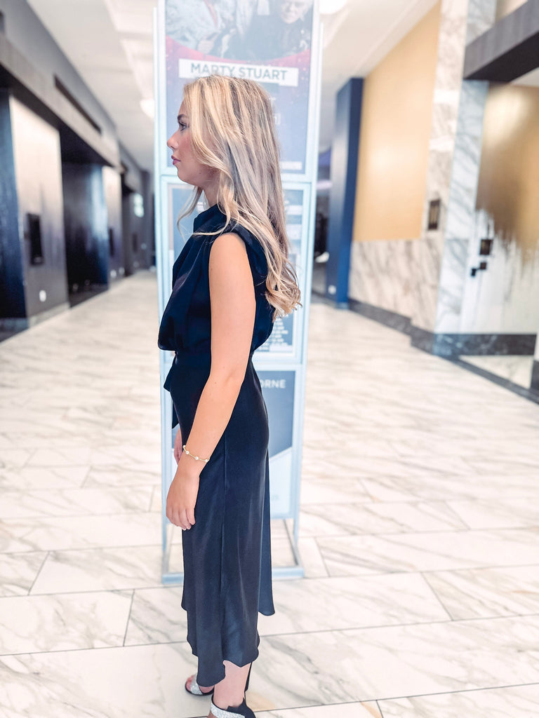 Eccentrics Boutique Dress Ophelia Satin Mock Neck Midi Dress