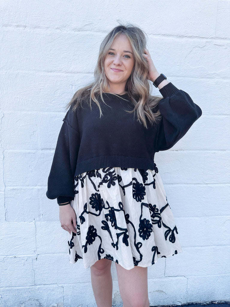 Eccentrics Boutique Dress Oversized Sweater with Floral Embroidery