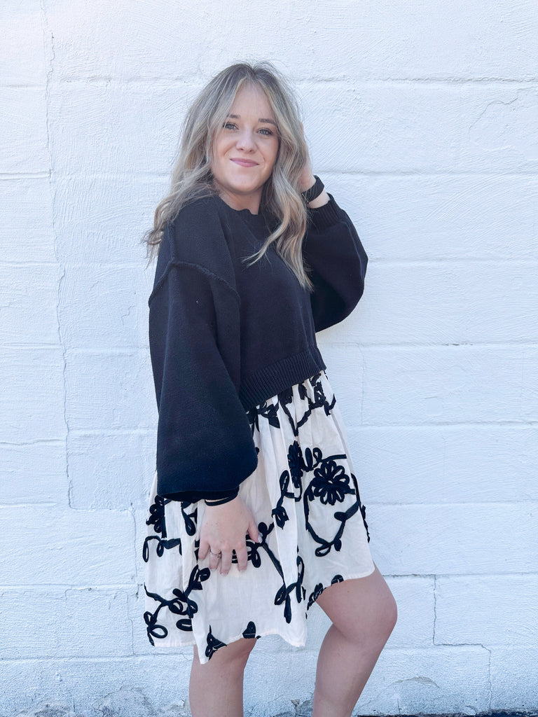 Eccentrics Boutique Dress Oversized Sweater with Floral Embroidery