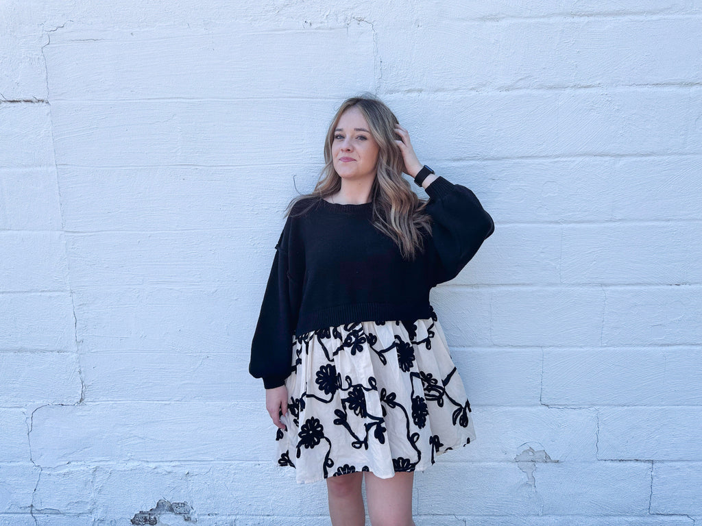 Eccentrics Boutique Dress Oversized Sweater with Floral Embroidery