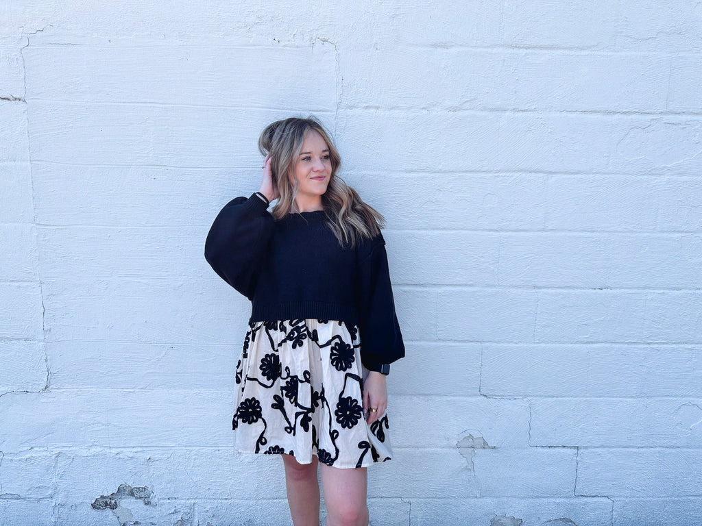 Eccentrics Boutique Dress Oversized Sweater with Floral Embroidery