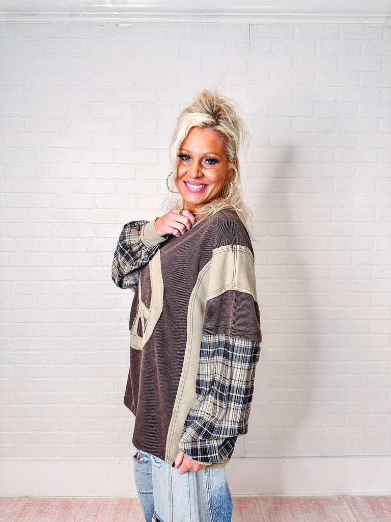 Eccentrics Boutique Shirts & Tops Peace Sign Patchwork Long Sleeve Top