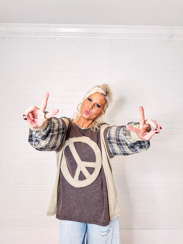 Eccentrics Boutique Shirts & Tops Peace Sign Patchwork Long Sleeve Top