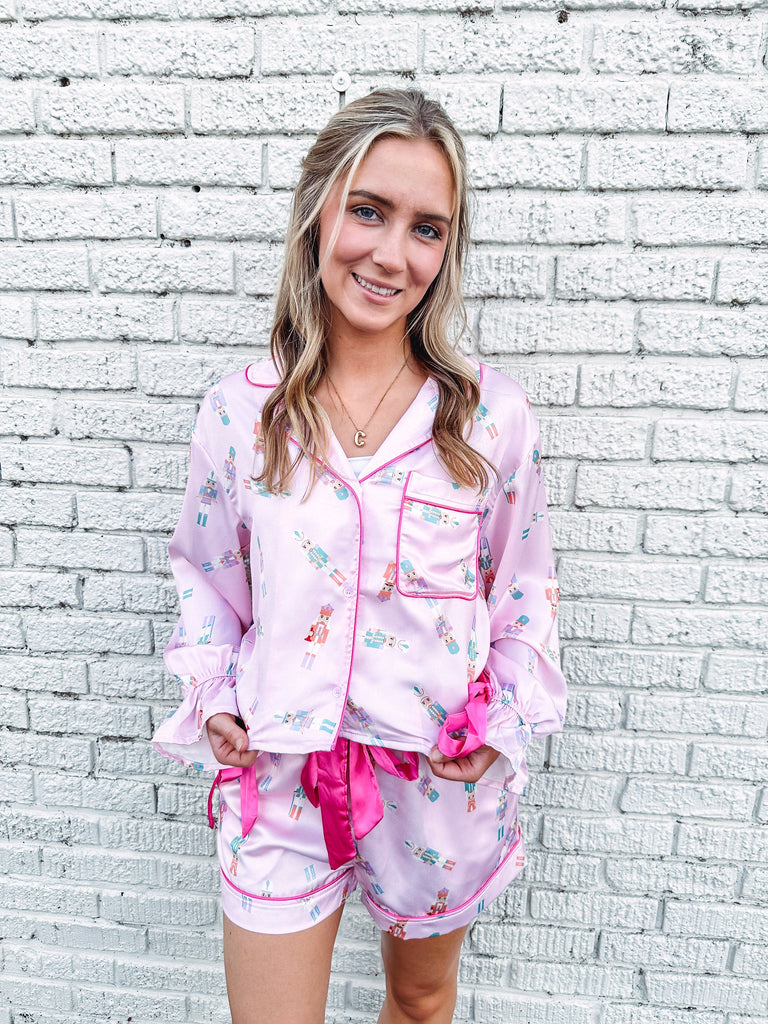 Eccentrics Boutique Two-Piece Set Pink Nutcracker Satin Pajama Set