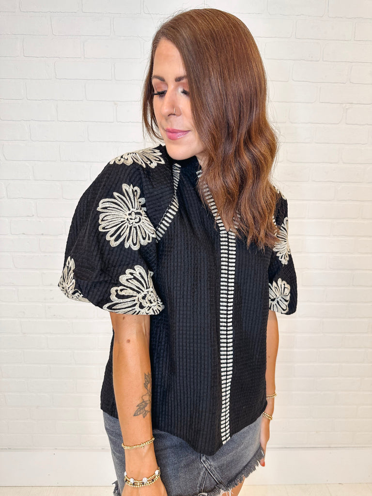 Eccentrics Boutique Shirts & Tops Queen Bee Embroidered Puff Sleeve Top