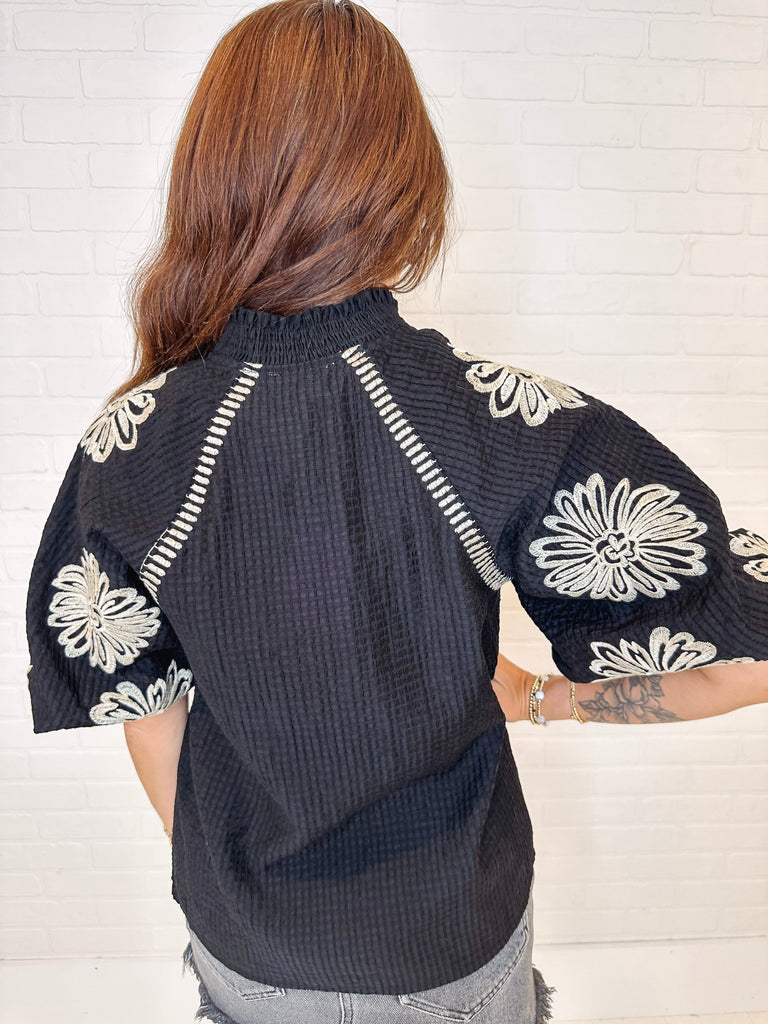 Eccentrics Boutique Shirts & Tops Queen Bee Embroidered Puff Sleeve Top