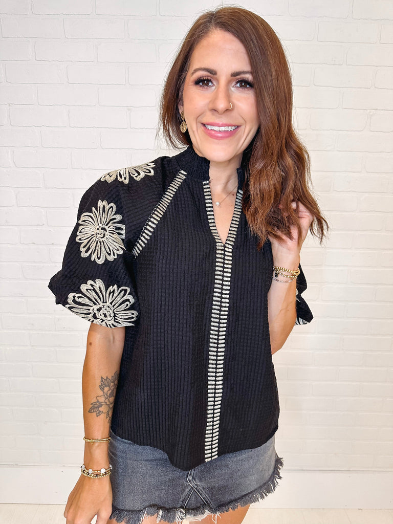 Eccentrics Boutique Shirts & Tops Queen Bee Embroidered Puff Sleeve Top