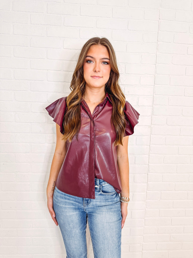 Eccentrics Boutique Shirts & Tops Red Wine Flutter Sleeve Faux Leather Top