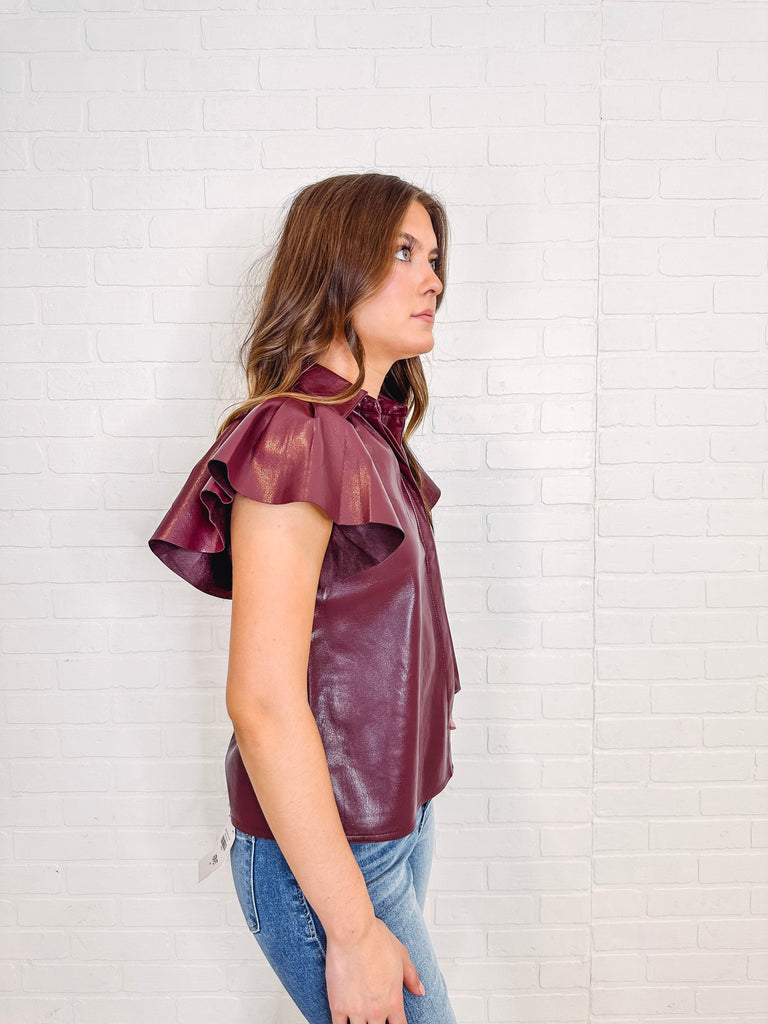 Eccentrics Boutique Shirts & Tops Red Wine Flutter Sleeve Faux Leather Top