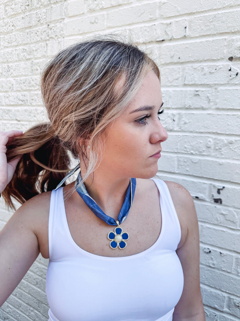 Eccentrics Boutique Jewelry Scarf Necklace with Ornate Flower Pendant Blue Love Yourself