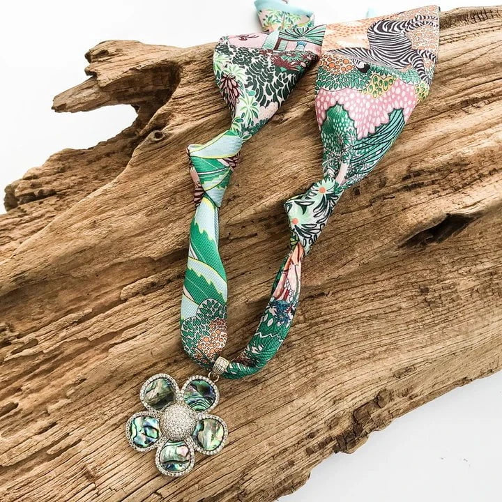 Eccentrics Boutique Jewelry Scarf Necklace with Ornate Flower Pendant Abalone Safari