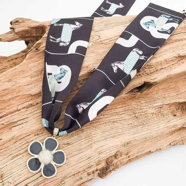 Eccentrics Boutique Jewelry Scarf Necklace with Ornate Flower Pendant Black Equestrian