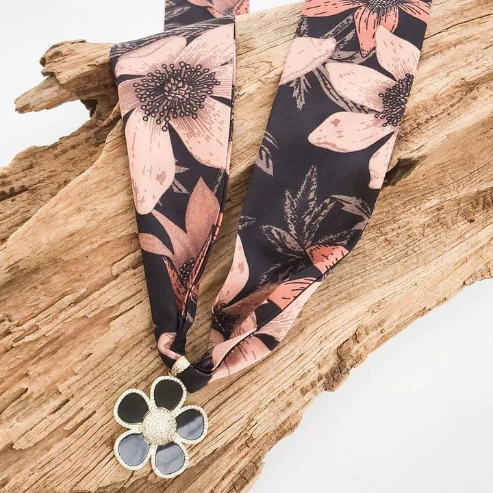 Eccentrics Boutique Jewelry Scarf Necklace with Ornate Flower Pendant Black/Taupe Flowers