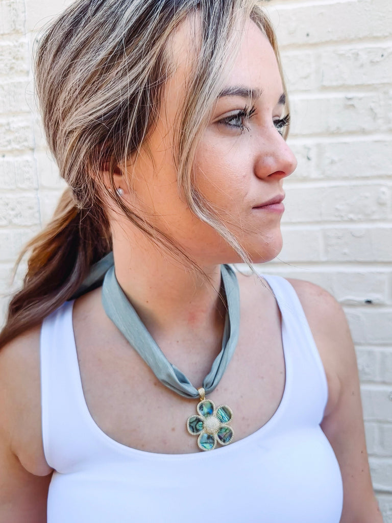 Eccentrics Boutique Jewelry Scarf Necklace with Ornate Flower Pendant Abalone Sage