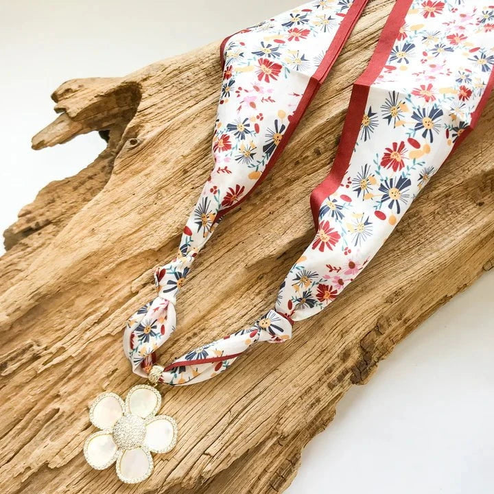 Eccentrics Boutique Jewelry Scarf Necklace with Ornate Flower Pendant Mother of Pearl Multi Flower