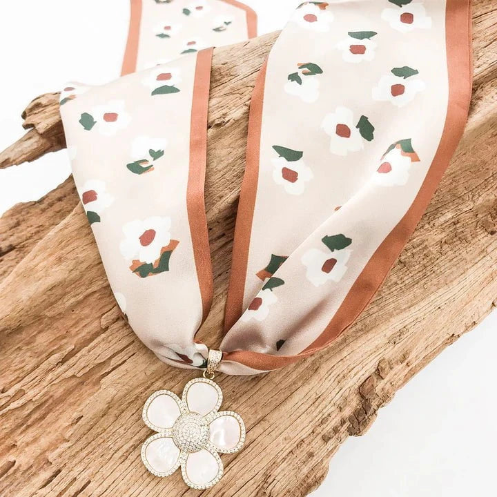 Eccentrics Boutique Jewelry Scarf Necklace with Ornate Flower Pendant Mother of Pearl Neutral Flower