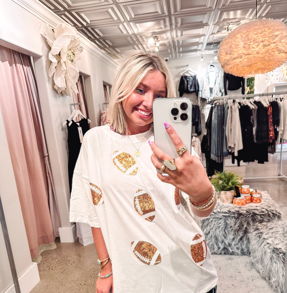 Eccentrics Boutique Top Sequin Football T-Shirt