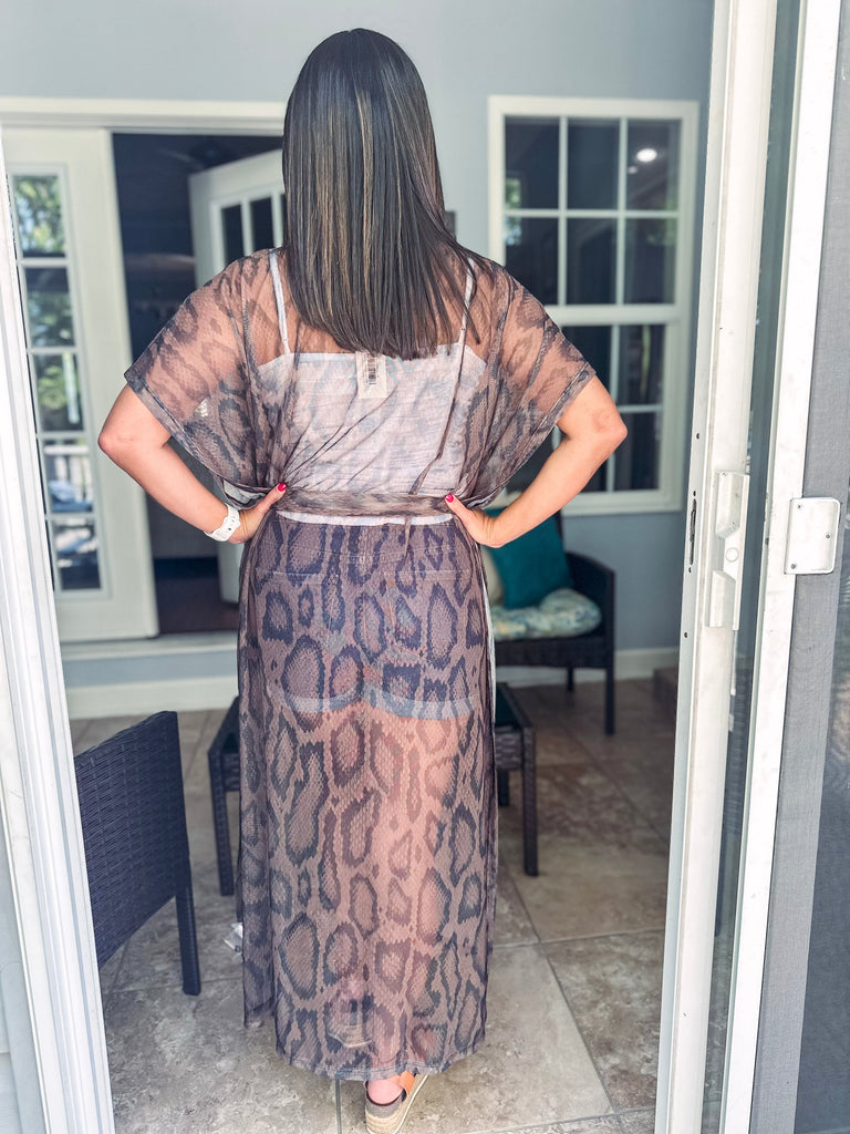 Eccentrics Boutique Dress Snakeskin Mesh Button Front Cover-Up Maxi