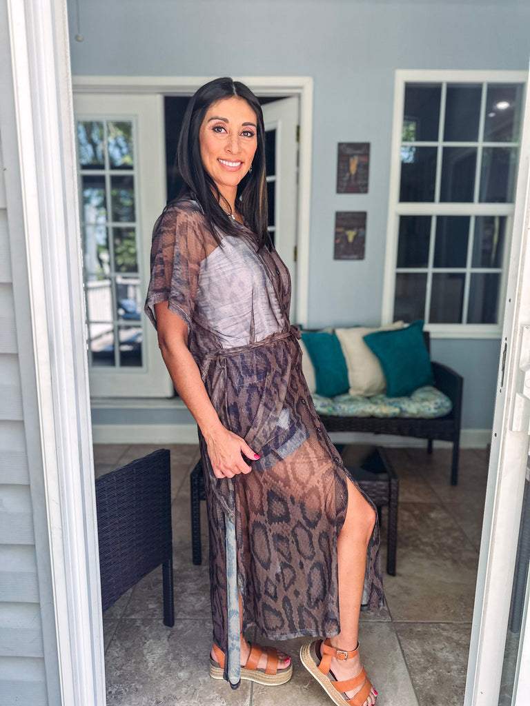 Eccentrics Boutique Dress Snakeskin Mesh Button Front Cover-Up Maxi