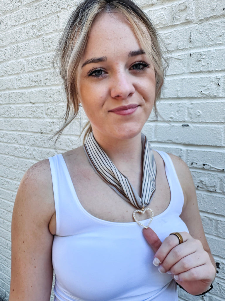 Eccentrics Boutique Jewelry Striped Scarf Necklace with Pearl Heart Charm