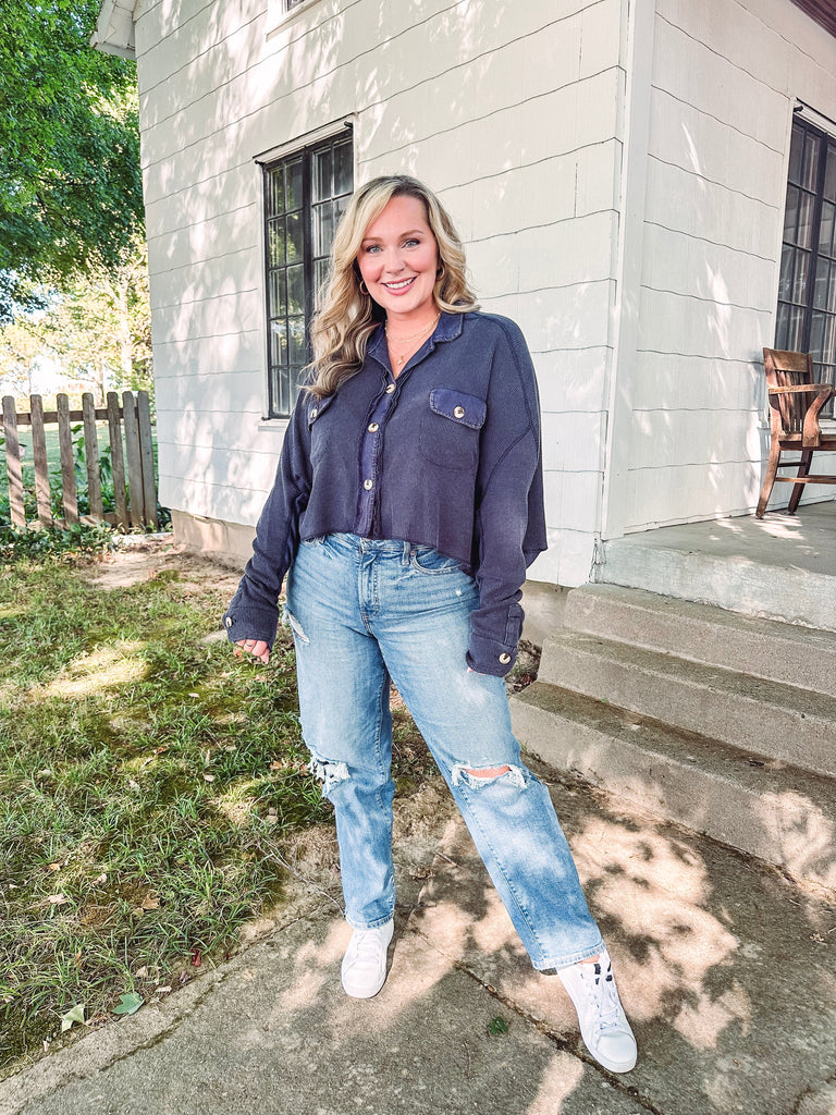 Eccentrics Boutique Shirts & Tops Summer's End Thermal Cropped Button Front Shirt