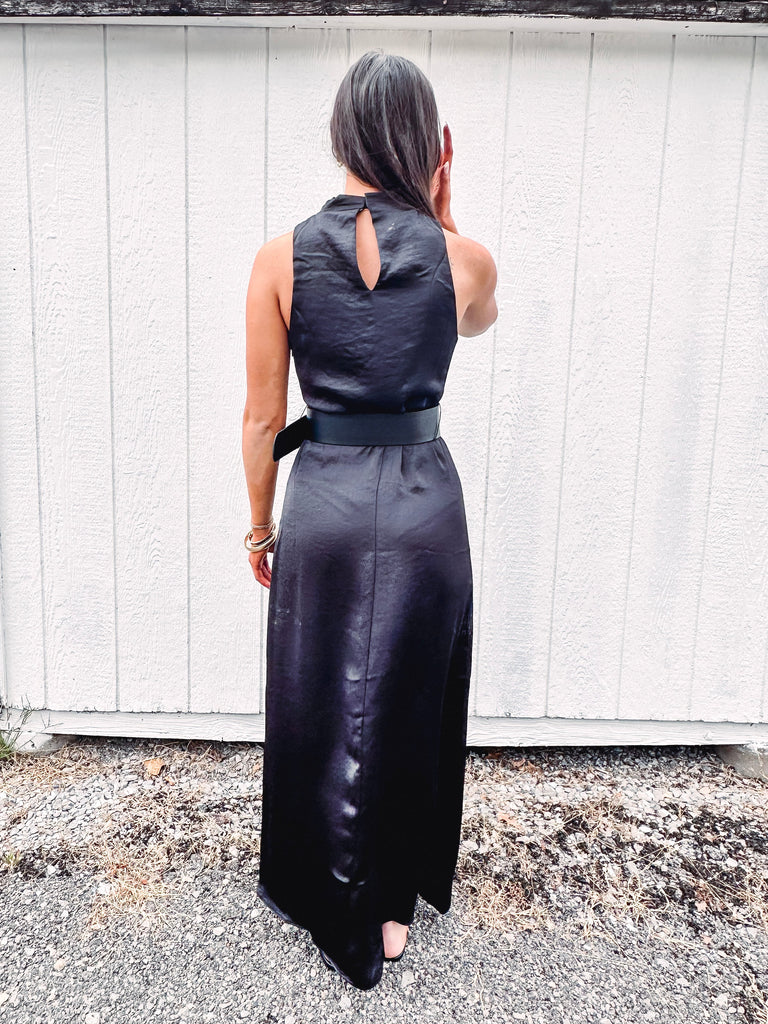 Eccentrics Boutique Dress Temperance Flowy Belted Sleeveless Dress--Black