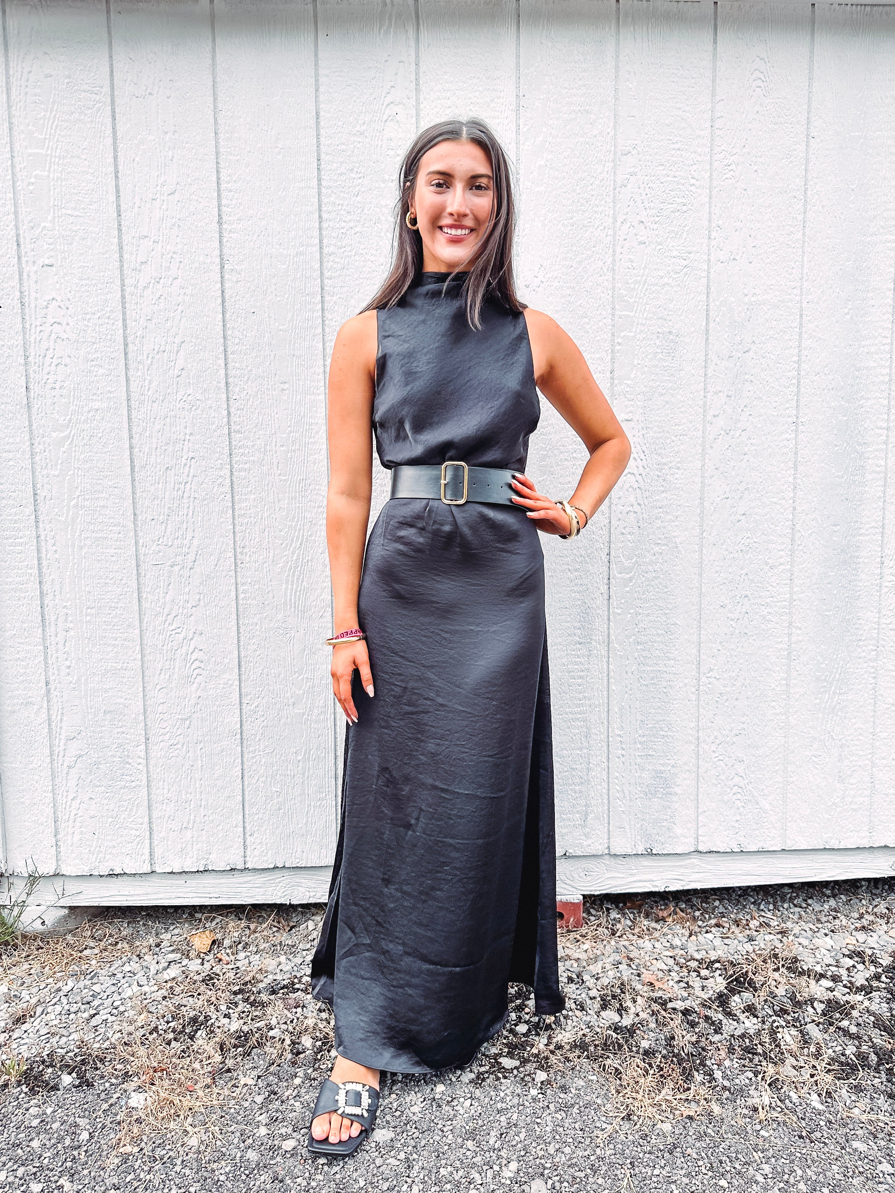 Temperance Flowy Belted Sleeveless Dress--Black Temperance Flowy Belted Sleeveless Dress--Black
