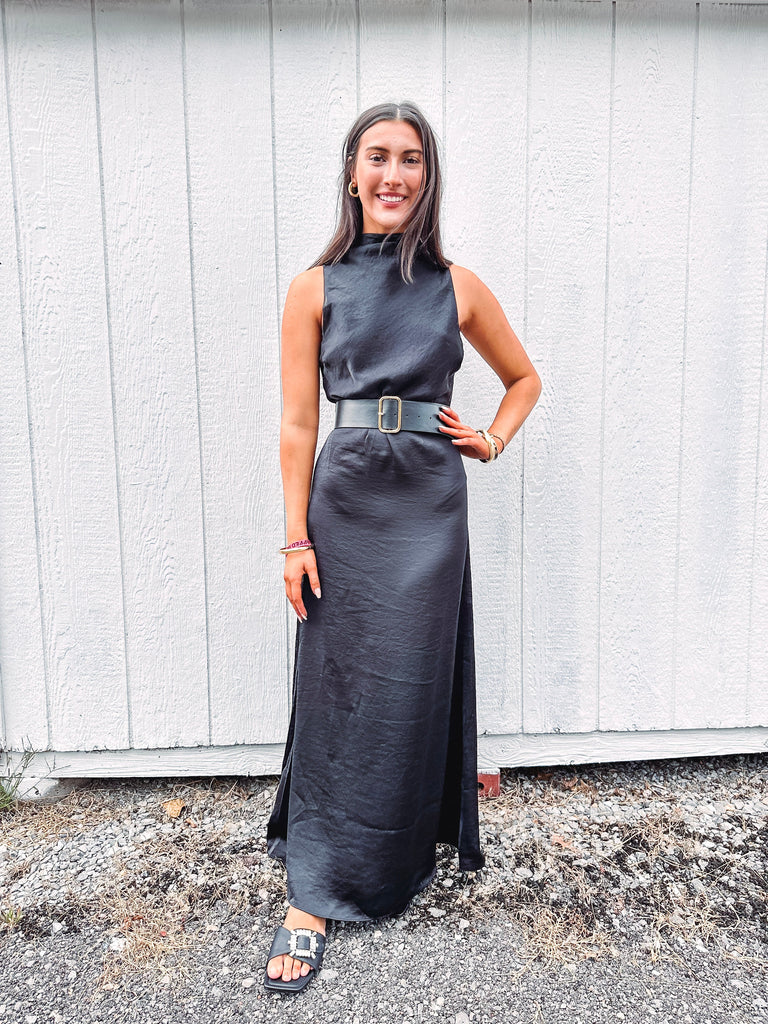 Eccentrics Boutique Dress Temperance Flowy Belted Sleeveless Dress--Black