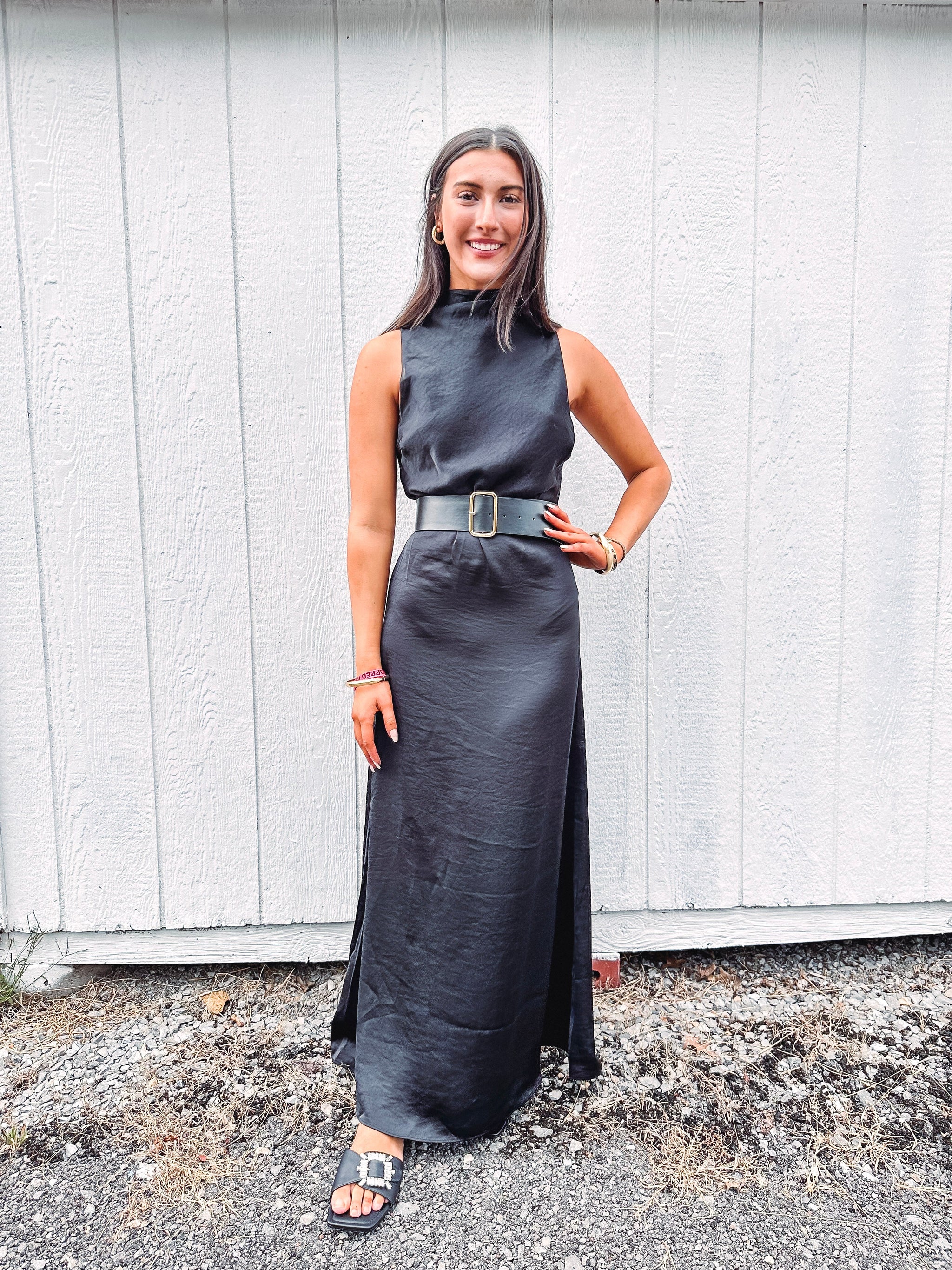Temperance Flowy Belted Sleeveless Dress--Black Temperance Flowy Belted Sleeveless Dress--Black