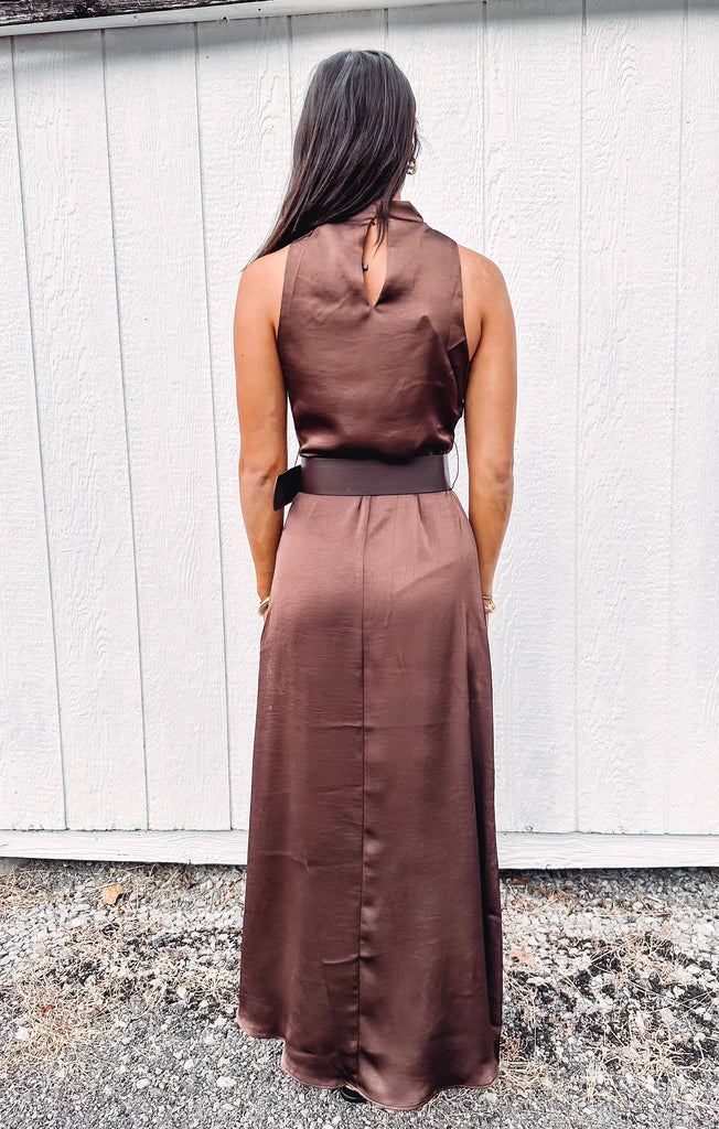 Eccentrics Boutique Dress Temperance Flowy Belted Sleeveless Dress--Dark Brown