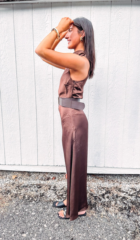 Eccentrics Boutique Dress Temperance Flowy Belted Sleeveless Dress--Dark Brown