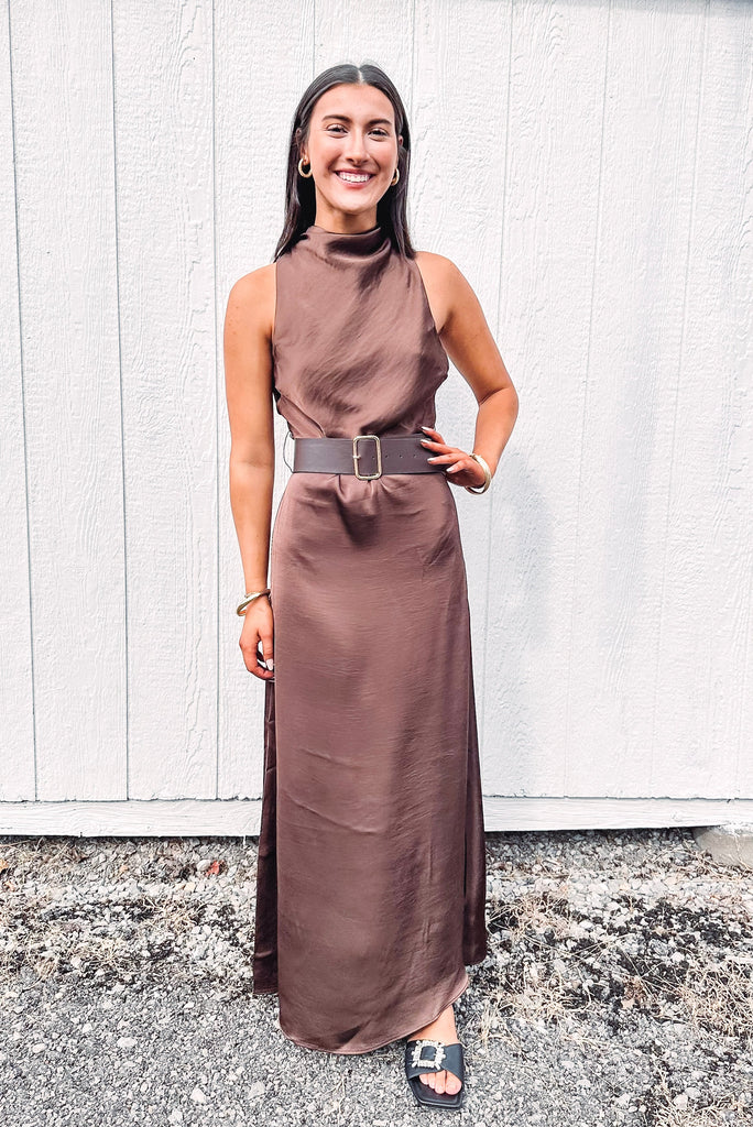 Eccentrics Boutique Dress Temperance Flowy Belted Sleeveless Dress--Dark Brown